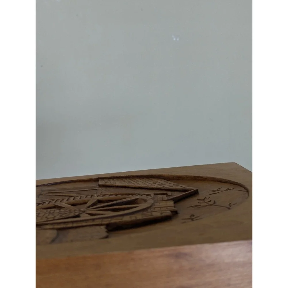 Vintage Hand Carved Wood Relief 3-D Wall Plaque Decor Water Mill Wheel Signed